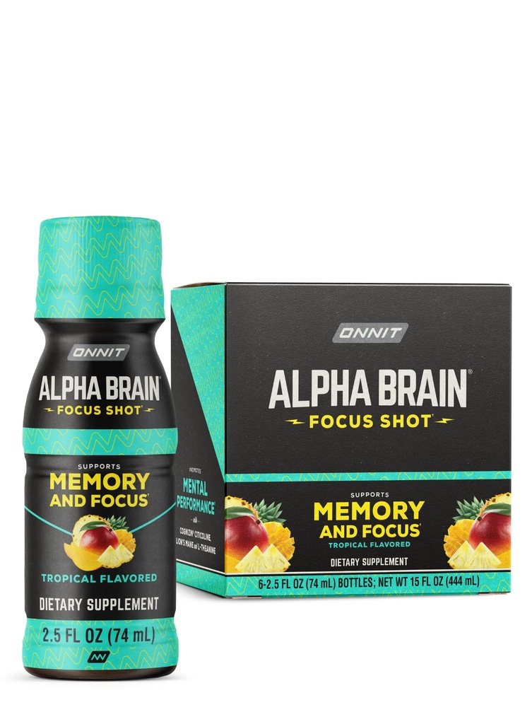 ONNIT Alpha Hersen Focus Shot, Tropische Smaak, Nootrope Dieet Supplement Drink die ondersteuning biedt voor energie, focus, en goed, IgenTM Non-GMO Tested, 2.5 f oz, 6 Tellen