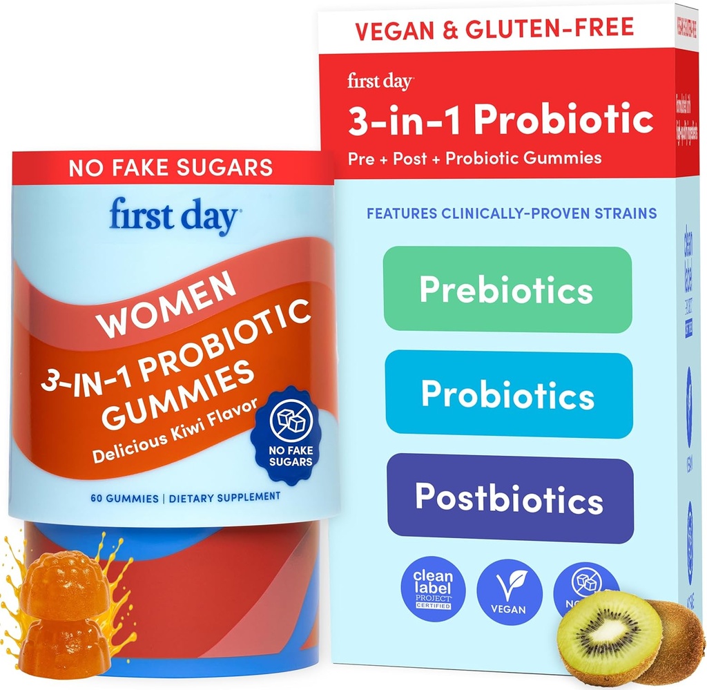PREMIER JOUR Femmes 3-en-1 Gommies probiotiques – Prébiotique + Probiotique + Supplément postbiotique – Soutient la santé digestif et buccodentaire, la fonction immunitaire et les niveaux d'énergie – 30 jours d'approvisionnement
