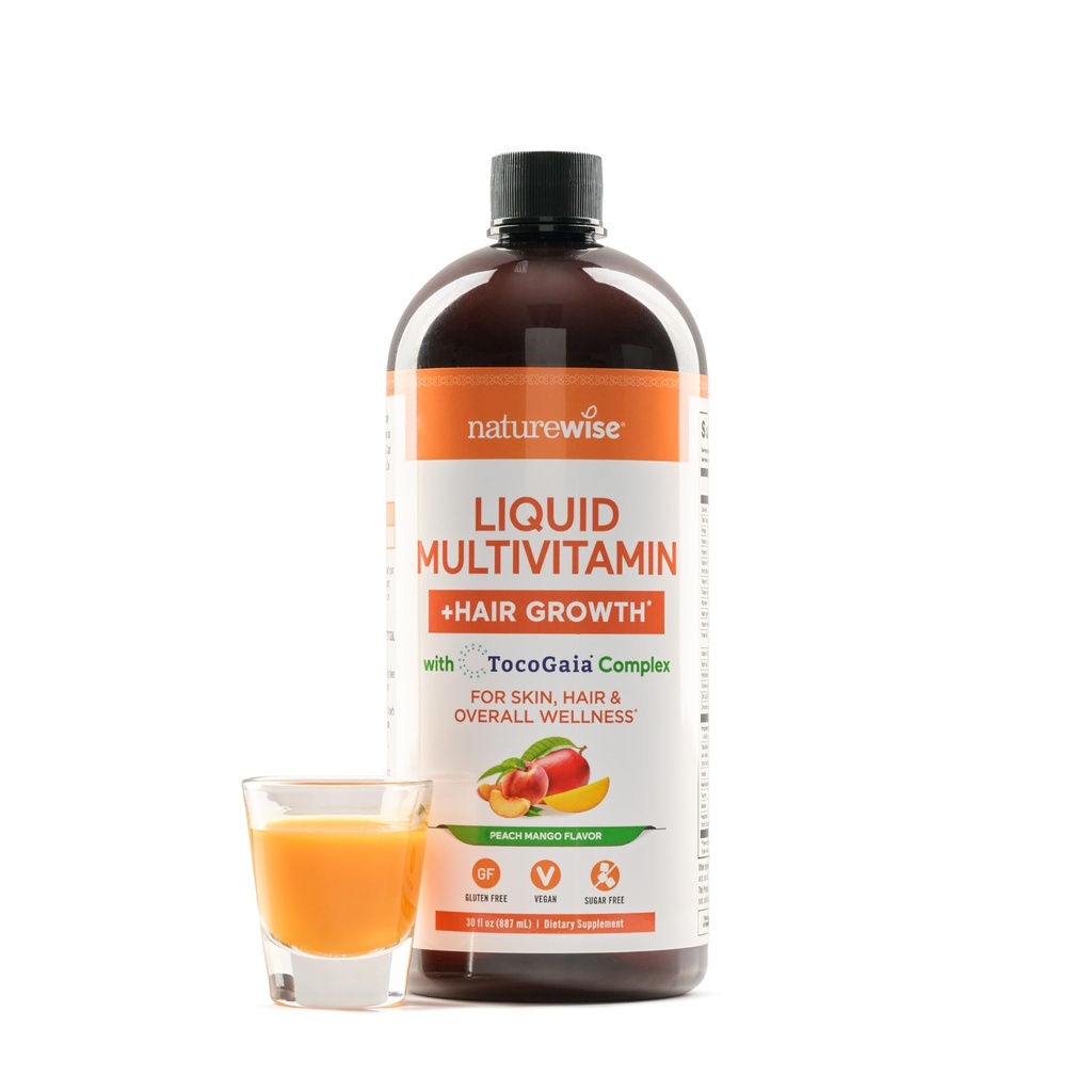 NatureWise Liquid Multivitamine Hair Growth for Women & Men + Tocogaia® for Hair Growth & Skin Elasticity Support + Biotin, Vitamine D, E, B - Sugar Free Multivitamine, Vegan - 30 fl oz[30 Servings]