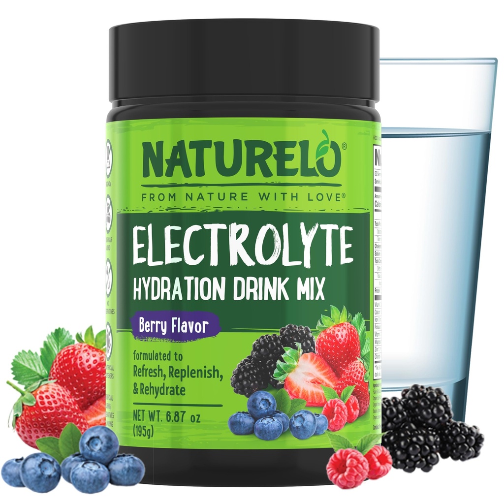 NATURELO Electrolyte Poeder, Hydratatie en Mineraal Drinkmix, Suikervrij & niet-GMO Berry smaak 50 Servers