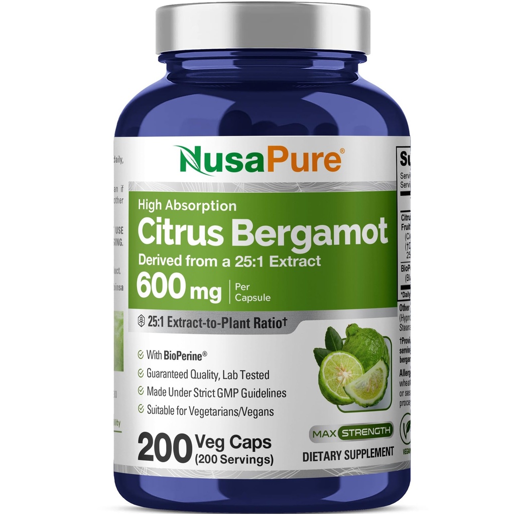 NusaPure Citrus Bergamot Capsules 15 000mg, 200 Capsules - 25:1 Extrait de Bergamot - 200 portions, biopérine, végétalien, non-OGM