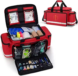 Trunab Emergency Responder Trauma Bag Vide, Kits professionnels de premiers soins Sac médical avec diviseurs intérieurs et fond sans rayure, Idéal pour EMT, EMS, Paramédics, Rouge, BAG SEULEMENT
