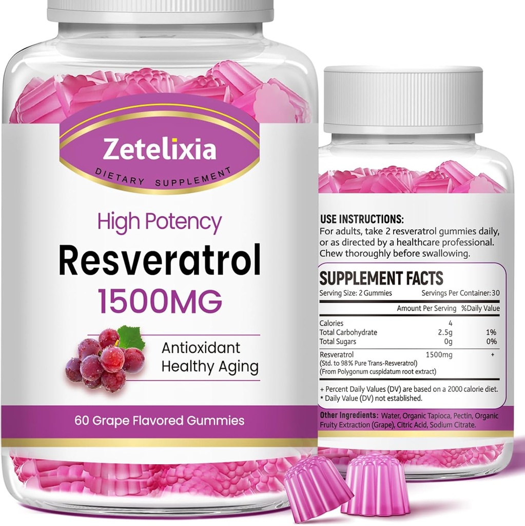 Suikervrije Resveratrol Gummies - Hoge zuiverheid Resveratrol Supplement voor antioxidant, gezonde veroudering, huid, hersenen, biologisch - 120 Gummies
