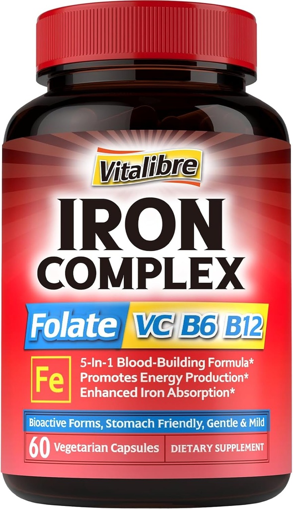 IJzer Complex Supplement 60 Capsules & 6 in 1 Magnesium Complex Supplement 120 Capsules, Non-GMO, Glutenvrij