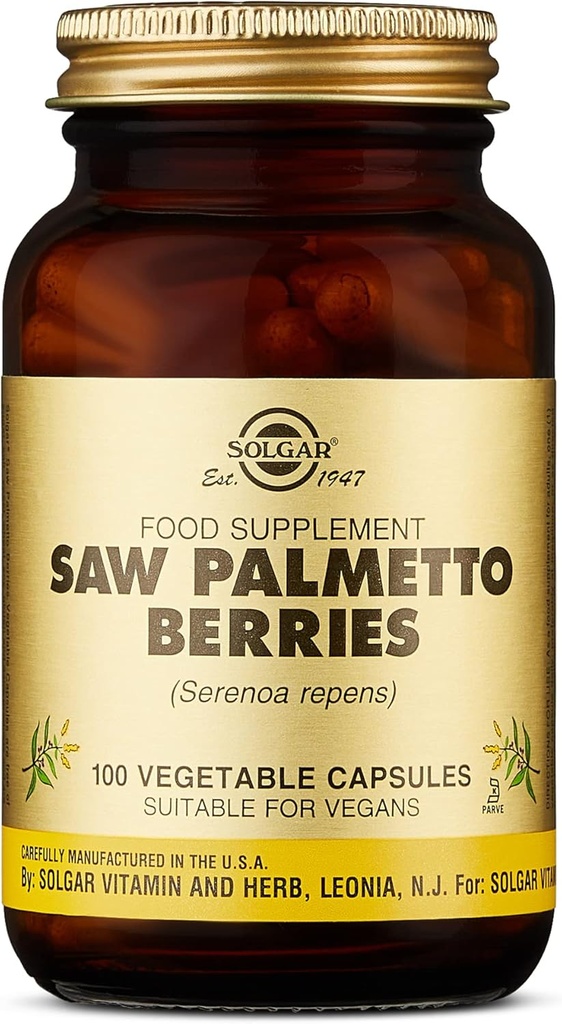 Solgar Saw Palmetto Bessen, 100 plantaardige capsules - Mannen gezondheid - volledige potentie - Non-GMO, Veganistisch, Glutenvrij, Zuivelvrij, Kosjer - 100 porties