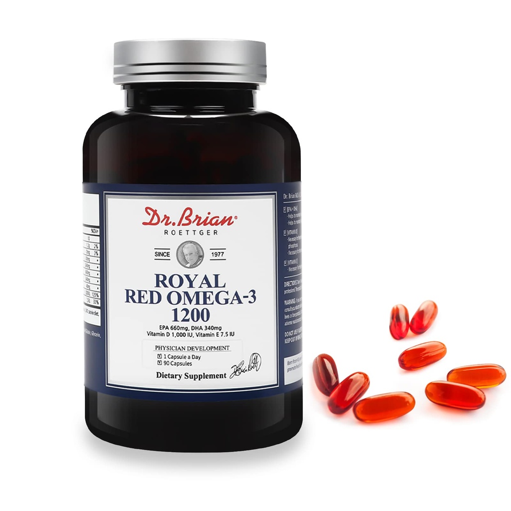 Dr. Brian Royal Red Omega 3 1200, Fish Oil Supplement met EPA en DHA Omega3 Visolie Bevat vitamine D,E Omega-3 Ondersteuning voor Fysieke Gezondheid - 90 Zachte Gels