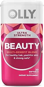 OLLY Ultra Strength Beauty Softgels, cheveux sains, peau et ongles, biotine, acide hyaluronique, collagène peptides, complément beauté total, 30 jours d'approvisionnement - 30 comtes