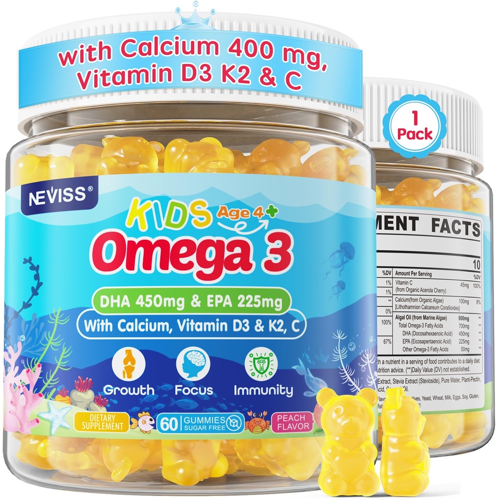 Kids Omega 3 Gummies + Calcium 400mg + Vitamine D3 K2 + C, Omega-3 DHA & EPA Supplement - No Fish Burps, No Sugar - Kids & Teens Om