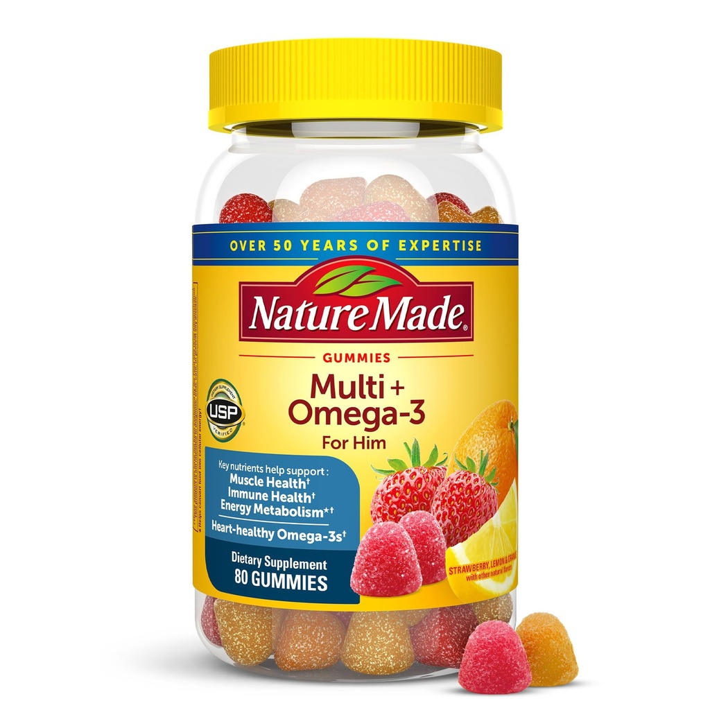 Nature Made Mens Multivitamine Gummies met Omega-3, Heren Gummy Multivitamines voor dagelijkse voedingsondersteuning, 80 Gummy Vitaminen en Mineralen, 40 dagen levering
