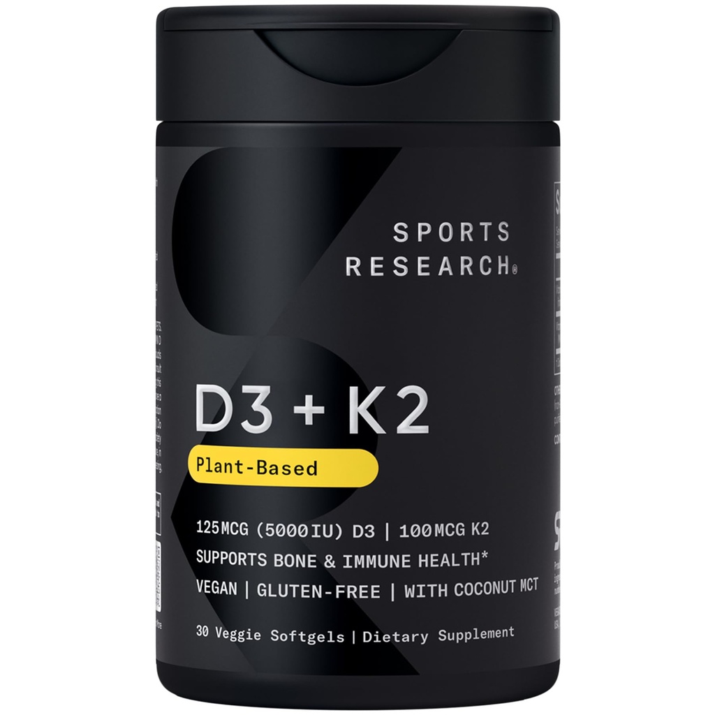 Sportonderzoek Vegan Vitamin D3 + K2 Supplement met biologische kokosolie - 5000iu Vitamine D met 100mcg Mk7 Vitamine K - Ondersteunt Calcium voor sterkere botten & Immune Health - 30 Softgels voor volwassenen
