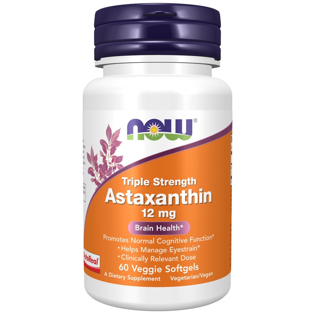 NOW Supplementen, Triple Strength Astaxanthine 12 mg, Triple Strength, Brain Health*, Helpt Oogstam te beheren*, 60 Veggie Softgels