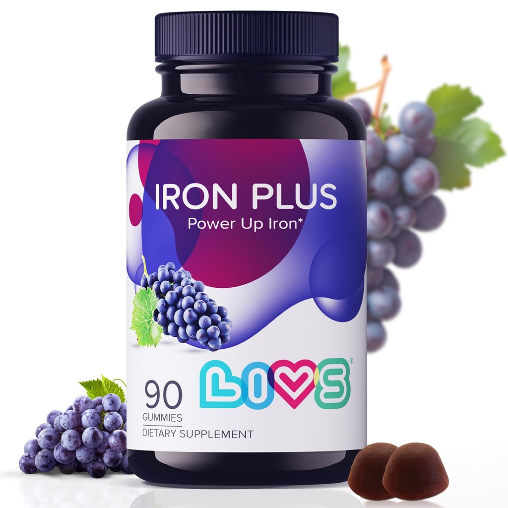 LIVS Iron Plus Gummies – 20mg Gentle Iron Supplement for Women & Men – Anemia Support – Vitamin C for Absorption – Biotin, Folate & B12 for Energy – Gluten Free, Vegan, Halal & Kosher – 90 Count