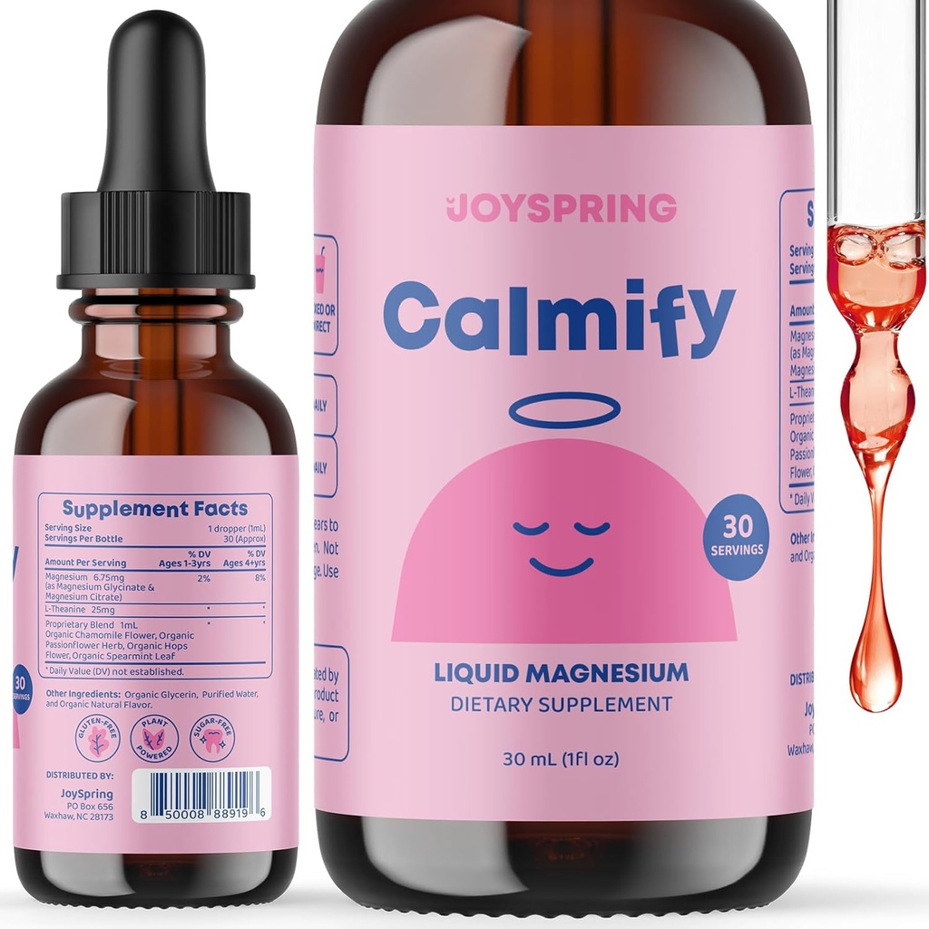JoySpring Calmify Magnesium Citrate Liquid for Kids - Sugar-Free, Gluten-Free Calming Supplement met kamille - Natuurlijke ondersteuning voor kinderen & tieners (1 fl oz) 30 porties
