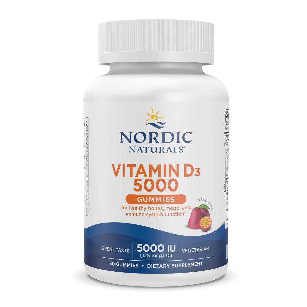 Nordic Naturals Vitamine D3 5000 Gummies, Fruits de la Passion - 30 Gummies - Soutien pour les os sains, l'humeur et le système immunitaire - Végétarien - Non-OGM - 30 portions