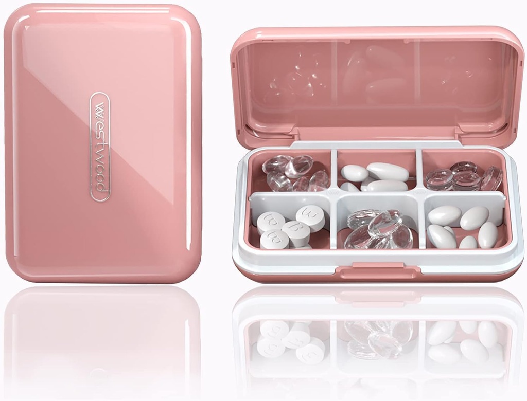 Travel pil Organizer Vocht vocht waterdichte kleine pil Box voor Pocket Purse 6 Compartments Portable Pill Case Medicine Vitamine houder Container, Roze