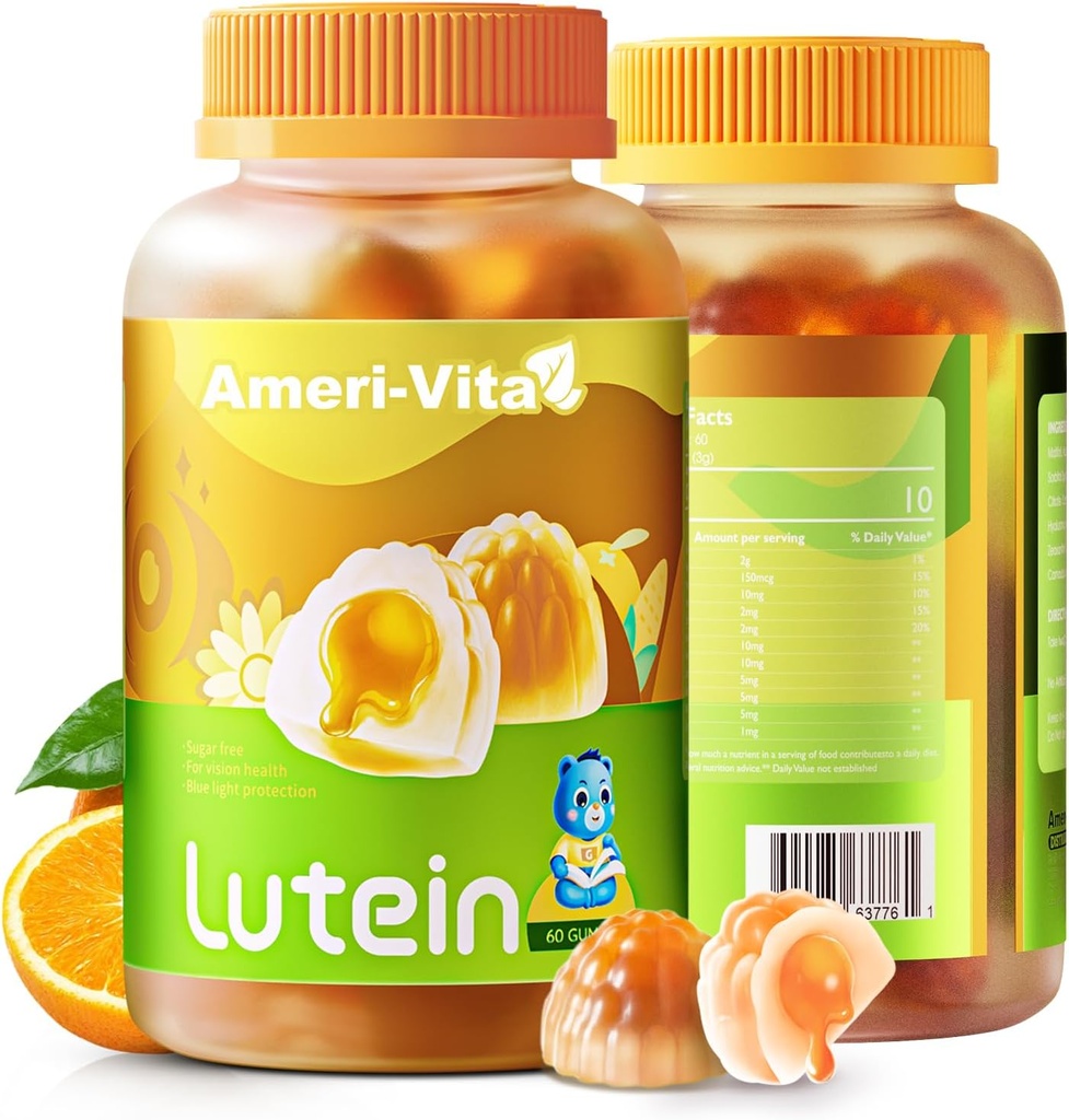 Suikervrije Luteïne 5mg Gummies voor Ogen Gezondheid: met 1mg Zeaxanthine, Luteïne Supplementen Oogvitaminen Gevulde Gummies Luteïne Supplement voor Vision en Blauw Licht Bescherming, Orange smaak, 60 Tellen