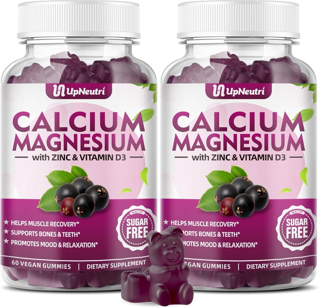Calcium Magnesium Zink met Vitamine D3 Supplement, Suikervrije Calcium Gummies voor Vrouwen Mannen, Hoge Absorptie Zink Gummies voor Bot & Muscle & Immune Health, Vegan Vlierbessen smaak - 120 Tel.