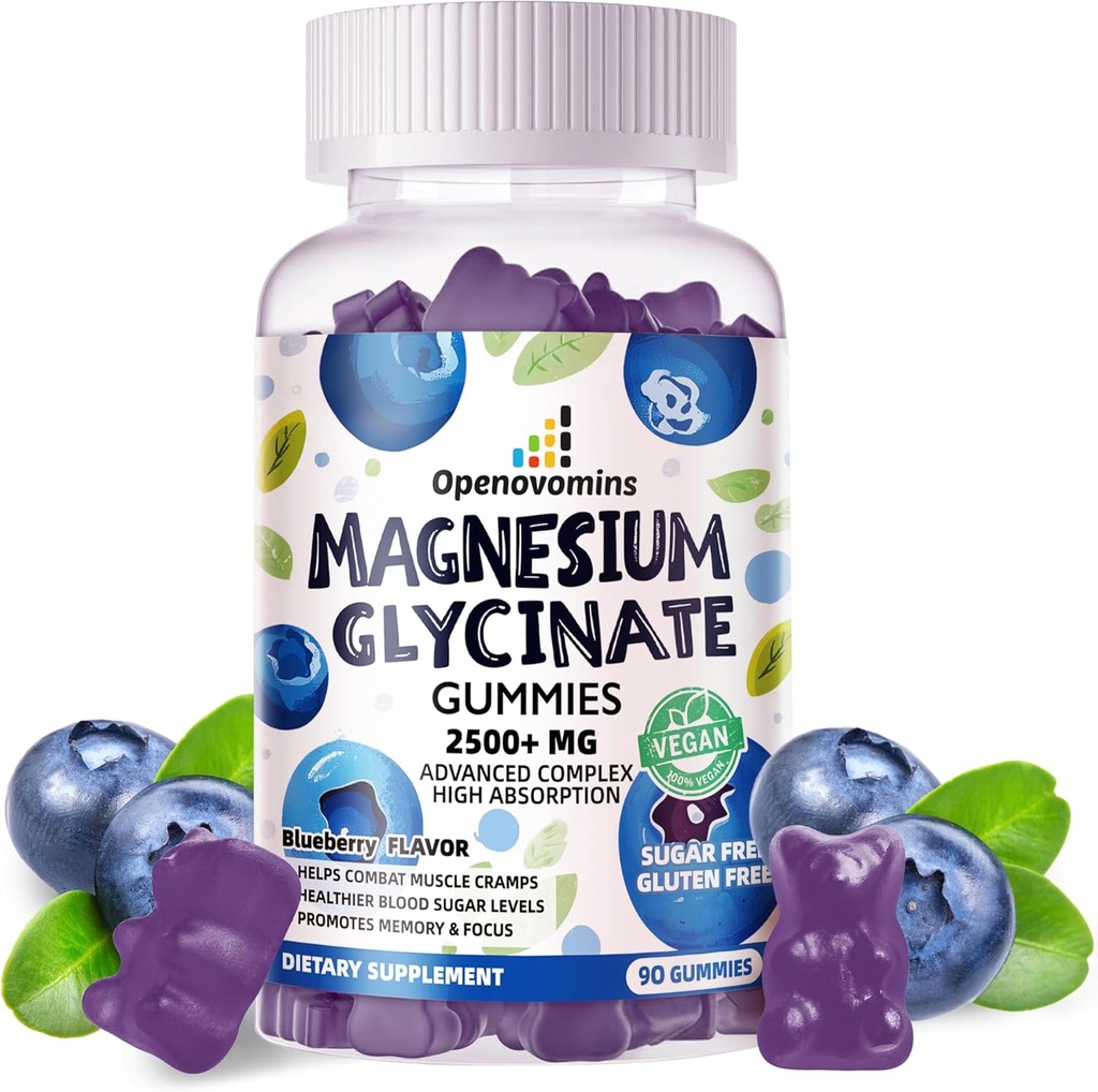 Glycinat de magnésium 2500mg - Supplément de potassium de magnésium sans sucre avec vitamine D, B6, CoQ10 pour l'humeur calme et le soutien du sommeil - 90 Gummies de bleuets