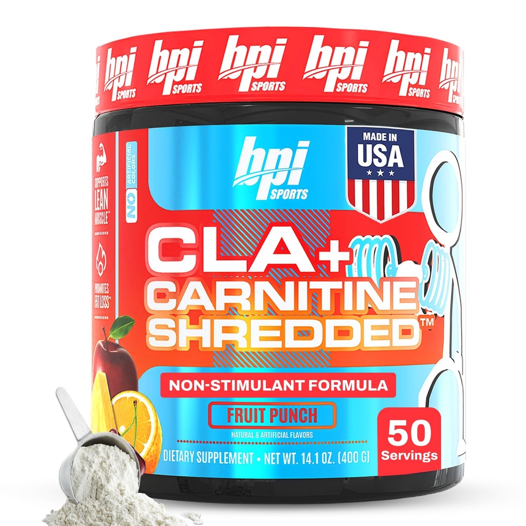 BPI Sport CLA + Carnitine Shredded - Converteer vetcellen in energie en ondersteunt Lean Muscle, Boost Metabolisme - Niet-Stimilant L-Carnitine Supplement - Fruit Punch (14.1 oz. / 50 Servers)