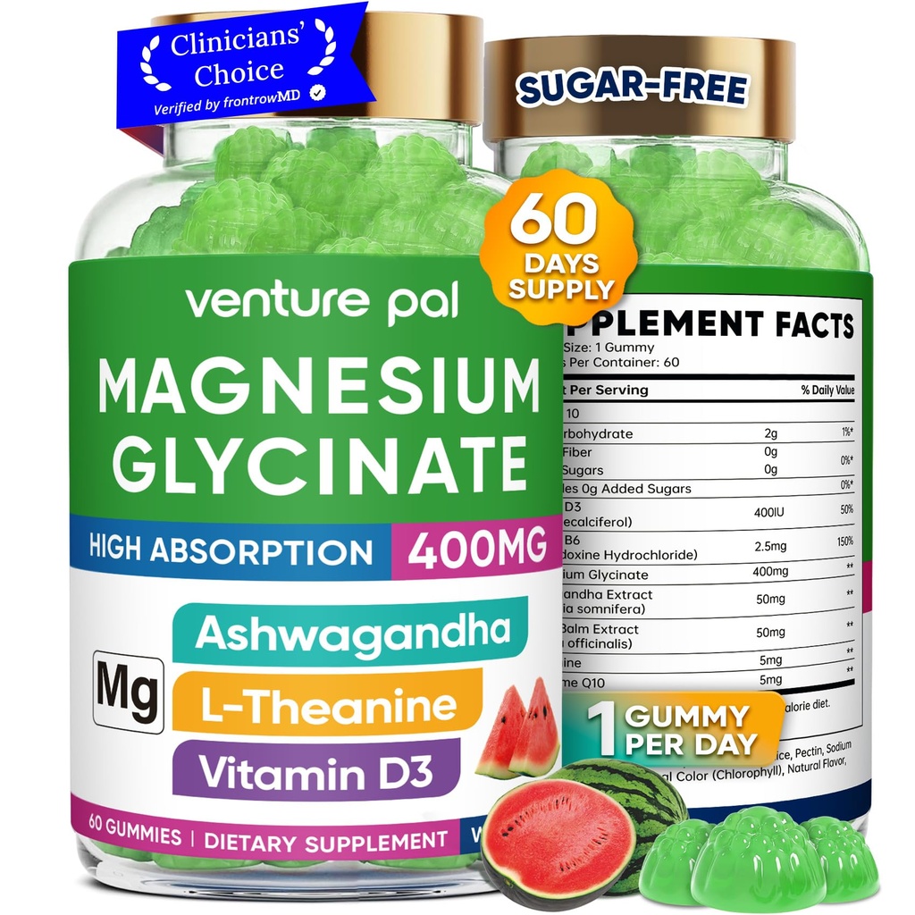 Levering van 60 dagen Magnesium Glycineer 400 mg Gummies met Ashwagandha, L-Theanine, CoQ10, Vitamine D3 & B6, Suikervrije Magnesium Gummies voor volwassenen en kinderen, Stress Relief, Slaap & Kalm, Veganistisch, Glutenvrij