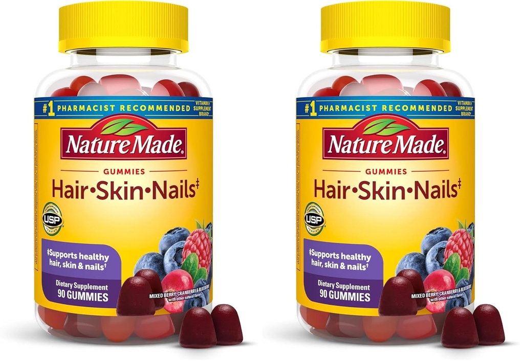 Nature made Hair Skin and Nails with Biotin 2500 mcg, Dieetsupplement voor gezond haar, huid & Nails Ondersteuning, 90 Gummies, 45 Day Supply (pack van 2)