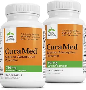 Terry naturellement CuraMed 750 mg - Supplément antioxydant pour la santé du cerveau et du coeur - Supplément avec complexe de curcumine de haute puissance - Soutien de la santé au rein, au foie et aux immunitaires - 120 Softgels (paquet de 2)