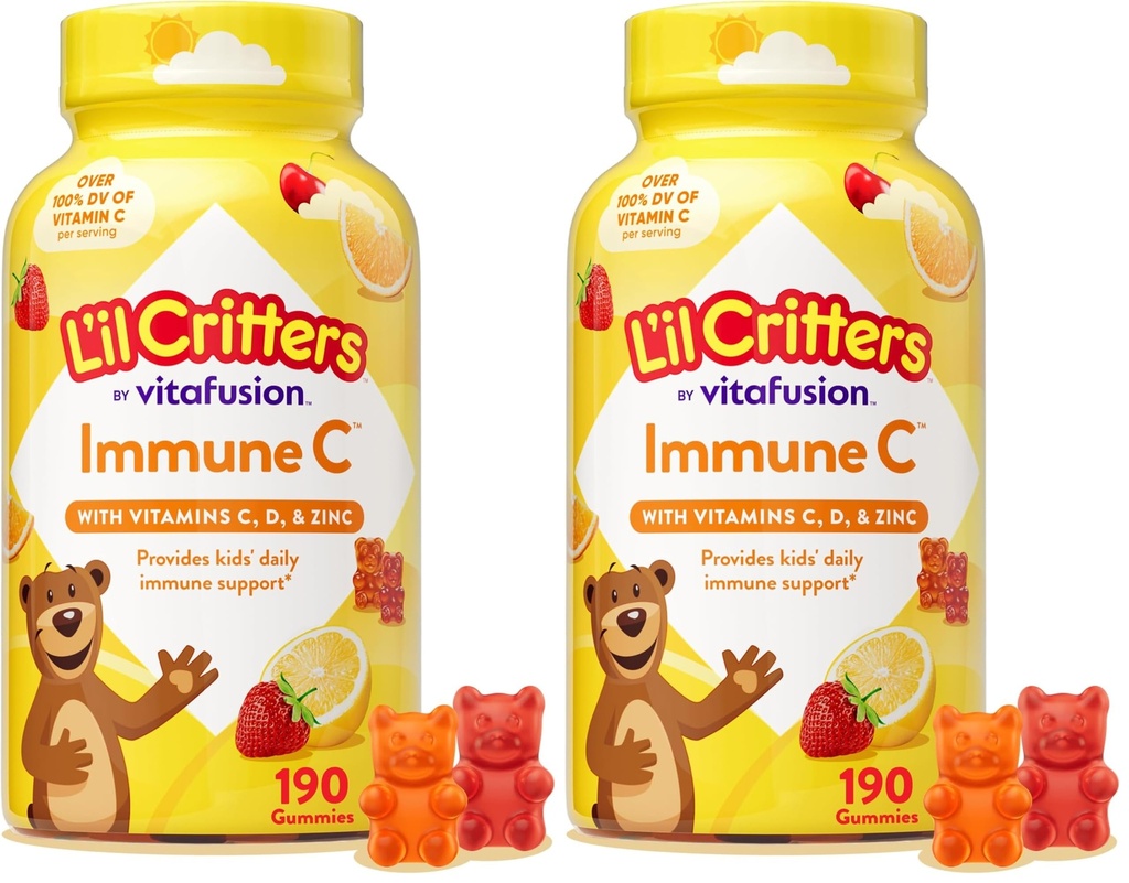 Vitamine quotidienne pour les enfants, pour les vitamines C, D et zinc pour le soutien immunitaire, orange, citron et cerise, 190 gommes (paquet de 2)