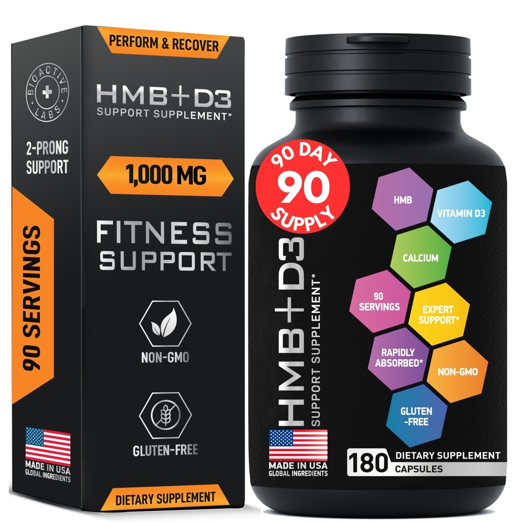 HMB Supplements with Vitamin D3 - 1,000mg Calcium Beta-Hydroxy Beta-Methylbutyrate per Serving for Muscle Growth, Strength & Recovery - 180 Gluten-Free, Non-GMO HMB Capsules, 3-Month Supply