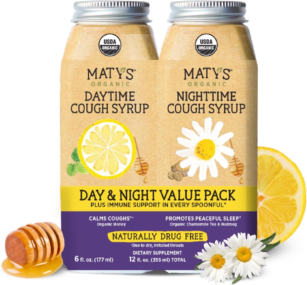 Matys Organic Adult Cough Syrup Day & Night Value Pack for Adults & Children 12 Years + Up, Soothing Daytime & Nighttime Cough Relief w/Organic Honey & Zink, Alcohol & Drug Free, 2 Pack, 6 Fl Oz Each