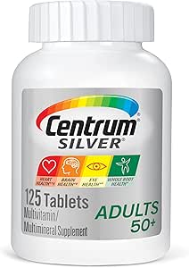 Multivitamine d'argent centrum pour adultes 50 Plus, supplément multivitamine/multiminérale avec vitamine D3, vitamine B, calcium et antioxydants, sans gluten, ingrédients non OGM - 125 Nombre