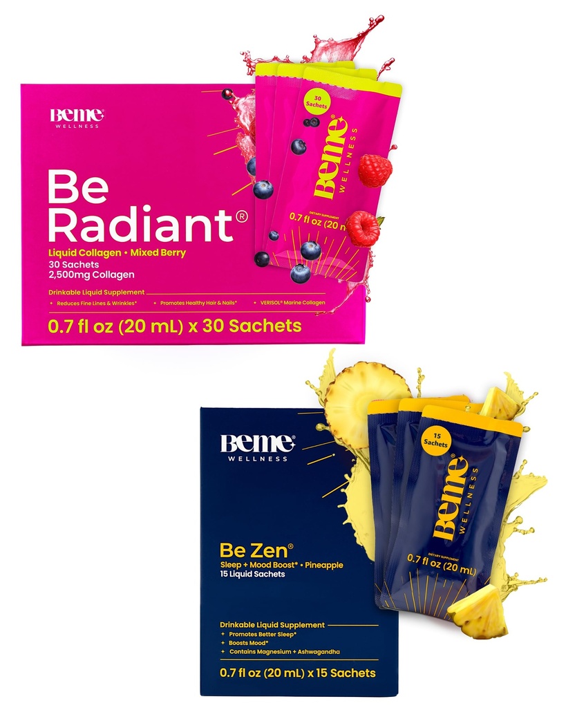 BeMe BeRadiant Berry & BeZen Bundle - Liquid Collageen & Magnesium Glycinate L-Theanine Supplementen