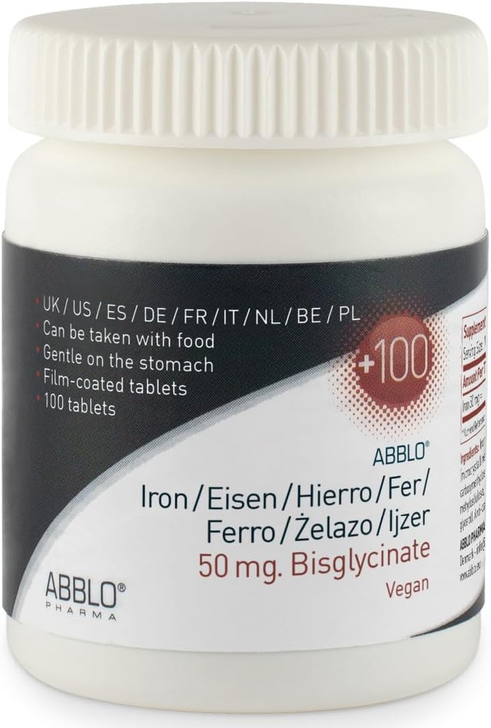 50mg. Ijzerbizazolinaat (100 eenheden) ABBLO is zacht op de maag & kan worden genomen met voedsel.