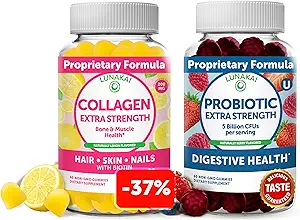 Lunakai Collageen en Probiotic Gummies Bundle - Non-GMO, Glutenvrij - Anti-veroudering, haargroei, huidverzorging en sterke nagels en spijsvertering gezondheid - 30 dagen levering