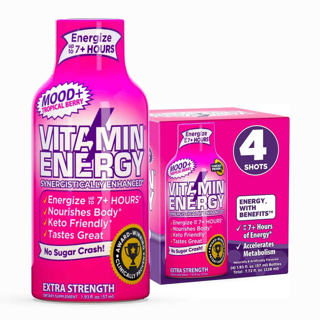 Vitamine Energie Mood+ Extra sterkte Energie Shot Tropical Berry 4 Pack, 260mg Natural Cafeine, B-Vitamins, Rhodiola, kamille, Mood & Energy Support, Zero Sugar, Gluten-Free, Vegan, 1,93 fl oz