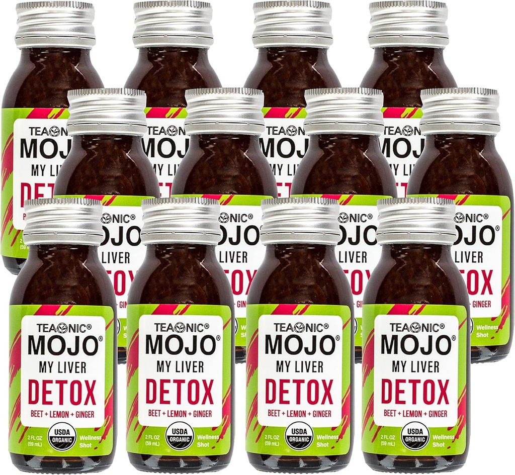 TEAONISCH Mijn lever Mojo: Detox, Wellness Mojo Shots met zwarte peper, bieten, en citroensap, USDA-gecertificeerd, Cafeïnevrij, Glutenvrij, 2 Fl. Oz Elke, Pack van 12