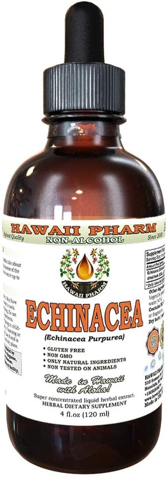 Echinacea Alcoholvrije Liquid Extract, Biologische Echinacea (Echinacea Purpurea) Gedroogde kruiden Glycerite Hawaii Pharm Natural Kruidensupplement 4 oz