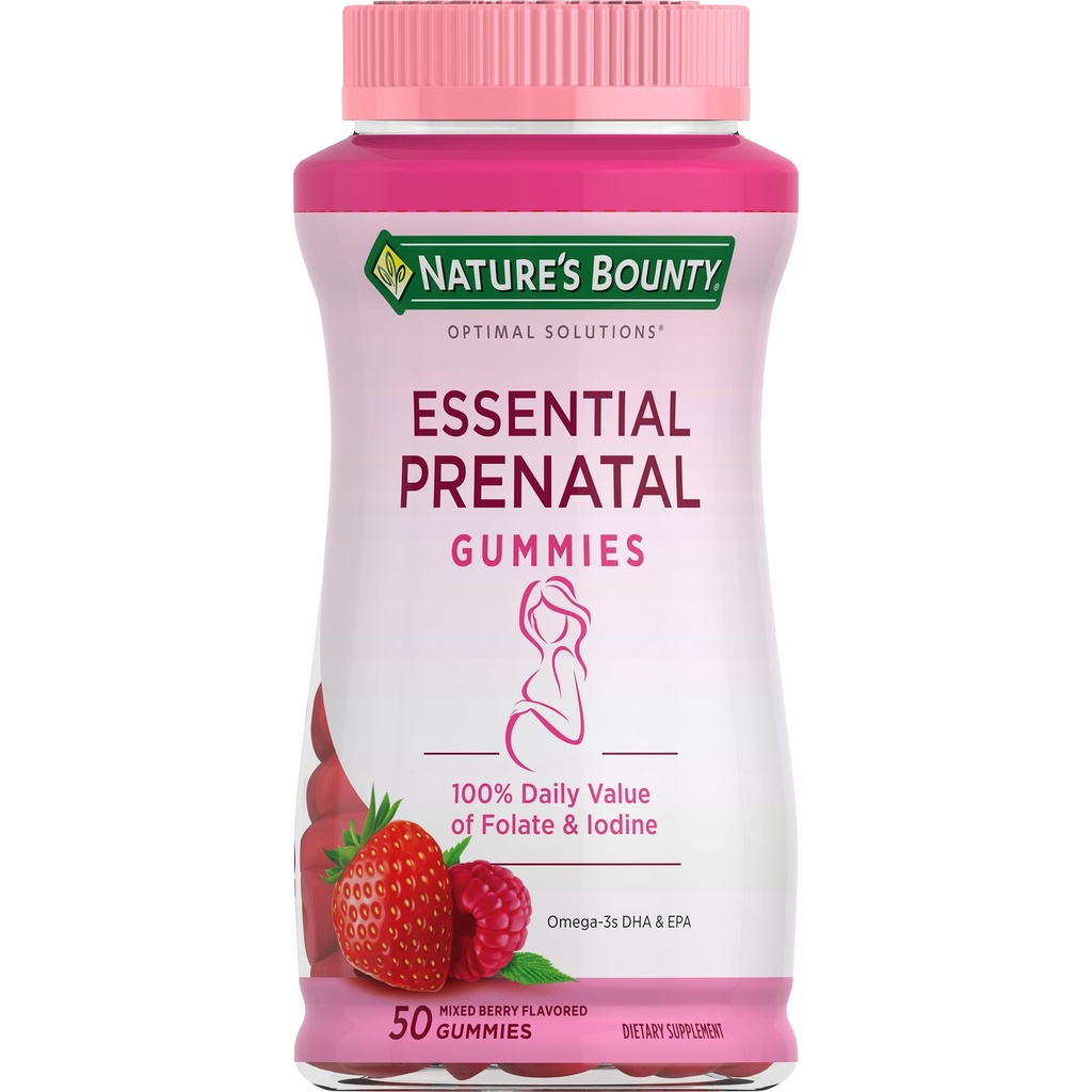 Nature's Bounty Optimale Oplossingen Essentiële Prenatale Gummies, Foliumzuur en Jodium, Omega 3 en DHA, 50 Telling, 25 TotaalDiensten