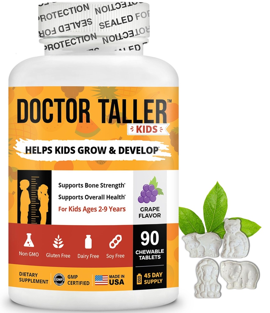Doctor Taller Kids - Kids Multivitamines, Peuter Vitaminen - Ondersteuning botsterkte, verbeterde immuniteit met Calcium, Multivitaminen voor de leeftijden 2 tot 9 - Grape Flavor - 90 Kauwtabletten 6 weken Supply