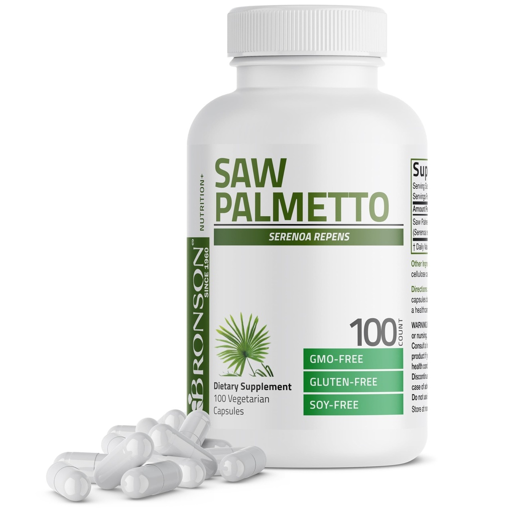 Bronson Saw Palmetto Extra Strength soutient la fonction de la prostate et le soutien de la santé urinaire - non OGM, 100 capsules végétariennes