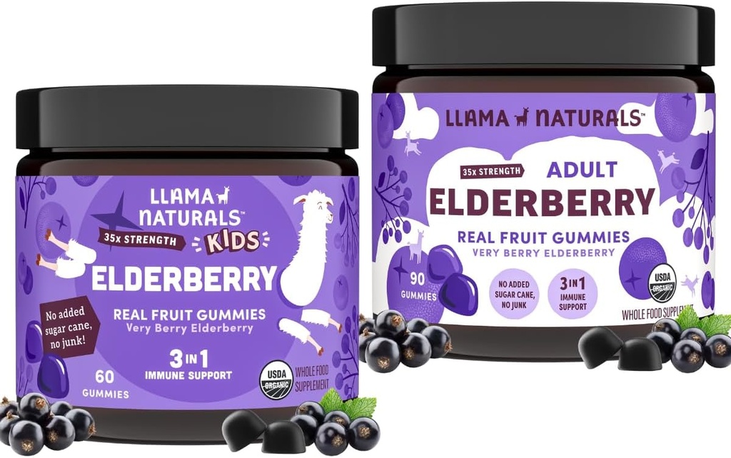 Llama Naturals Real Fruit Sambucus Vlierbes Gummy's voor kinderen & volwassenen Geen toegevoegde suiker Cane, Veganistisch, Biologische Immune Ondersteuning 