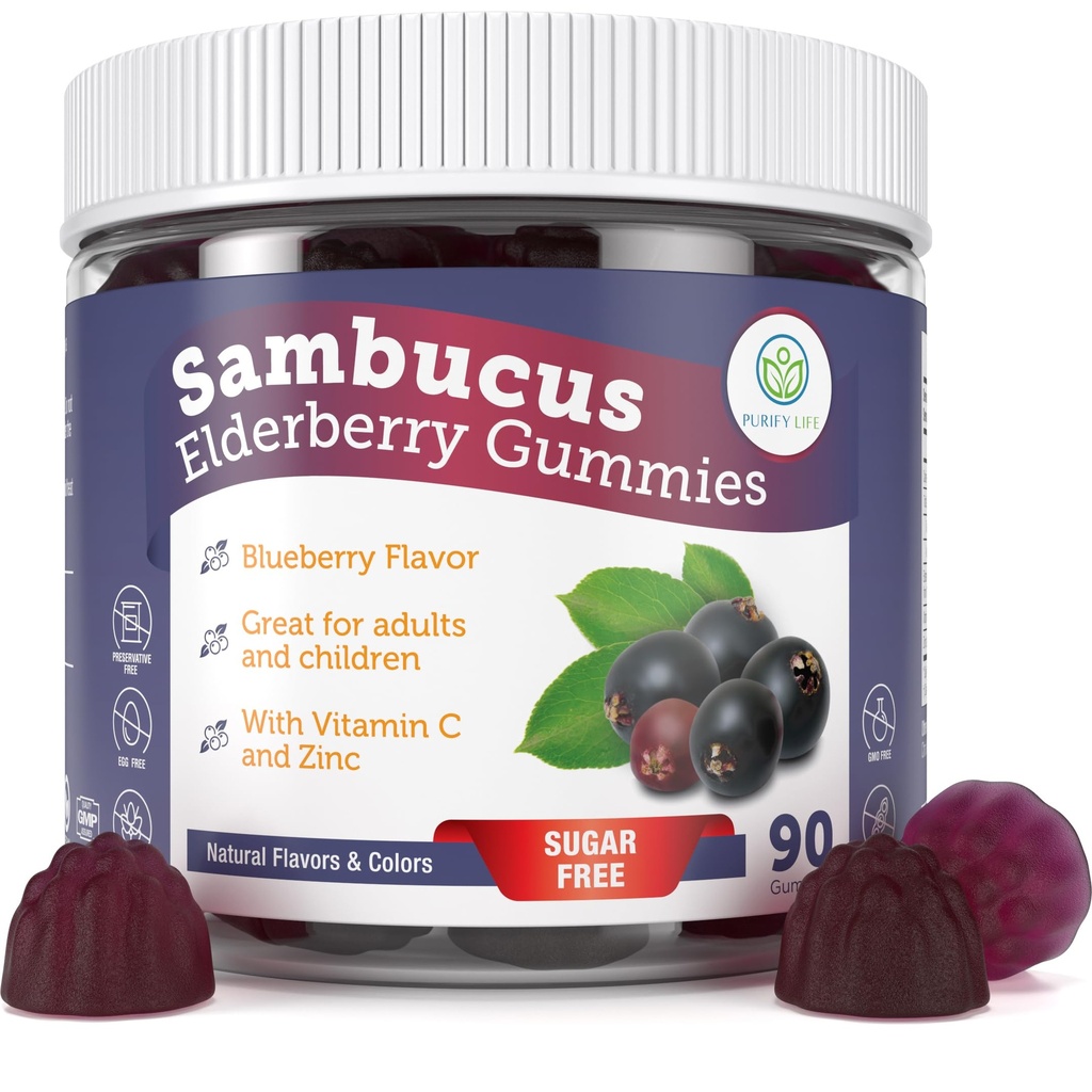 Zuiver het leven Suikervrije vlierbessen Gummies met vitamine C & zink voor volwassenen en kinderen, Immuun Ondersteuning Supplement voor de ademhalingsgezondheid, Sambucus Vlierbessen Antioxidant Gummies - Vegan, 90 Tel.