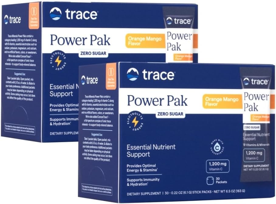 Trace Minerals Power Pak Multivitamine en Multimineral Packets - Electrolyte Support - 1200 mg Vitamine C plus 70+ Trace Minerals - Sugar Free - Orange Mango Smaak - 60 Packets
