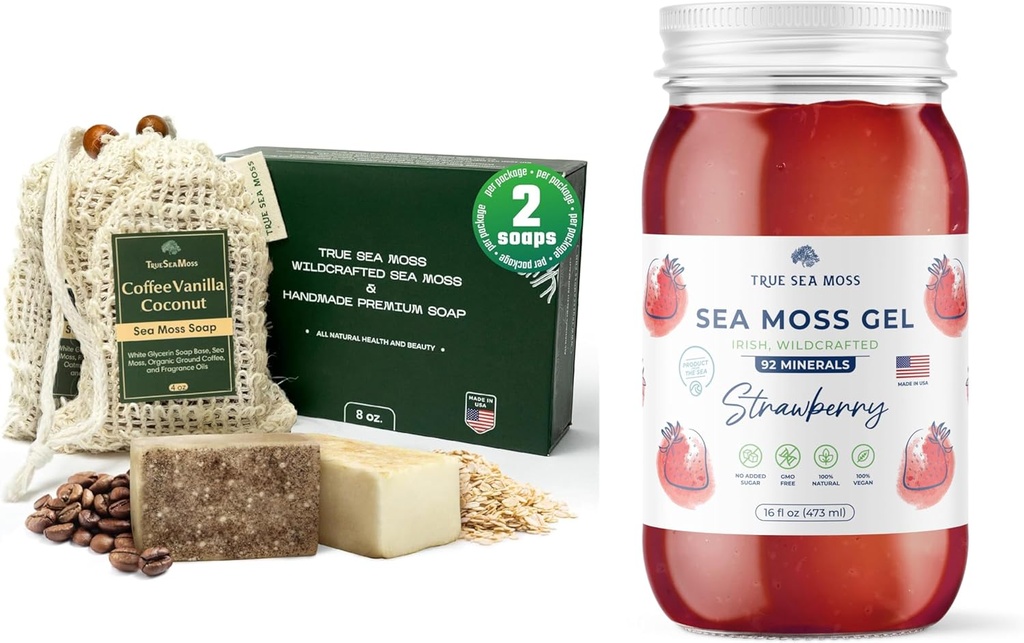 TrueSeaMoss Sea Moss Soap Coffee Vanille Coconut & Havermout Honing & Aardbei Zee Mos Gel