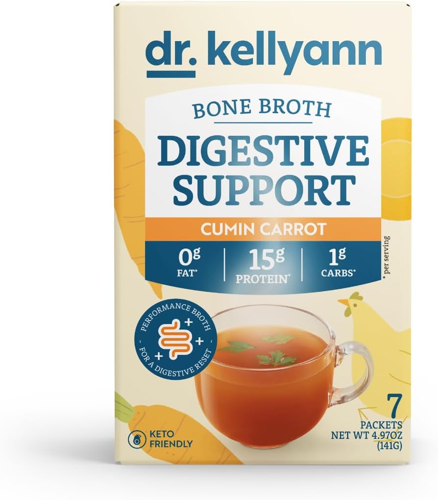 Dr. Kellyann Bone Broth + Digestieve ondersteuning Collageen Poeder Pakjes (7 porties, 1 doos), 16g Proteïne/Serving, 100% Grass-Fed Gehydrolyseerde Collageen Poeder, Keto & Paleo Friendly - Cumin Wortel