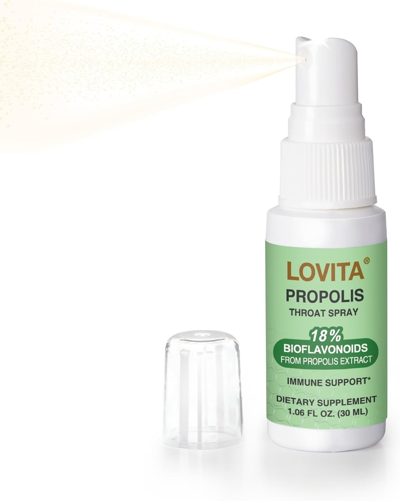 Lovita Bee Propolis Throat Spray, 18% Bioflavonoïden, Alcoholvrij, Immune Support, Keel Kalmerend, Antioxidant, Gentle Taste, 1 Fl Oz (pakket van 1)