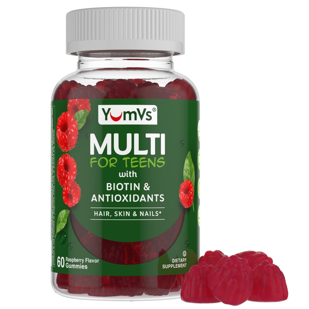 YumVs Tiener Multivitamine Gummies met Biotine en Antioxidanten - Raspberry Smaak - Haar Huid Nagels Ondersteuning - Kosher Tiener Vitaminen voor jongens en meisjes 12-17 - Tiener Gummy Multi Vitamine (60 Tellen)