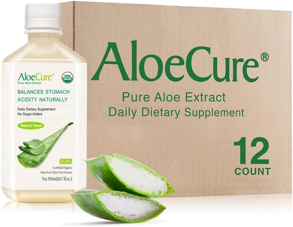 AloëCure USDA Organische Aloë Vera sap gemaakt binnen 12 uur van de oogst - Pure Aloë Juice Natural Digestief supplement ter ondersteuning van spijsvertering, immuunsysteem en evenwichtige maagzuur, 12 x 500ml flessen