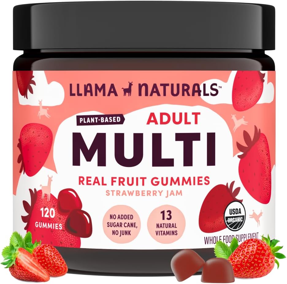 Llama Naturals Multivitamine voor vrouwen en mannen, Veganistisch, Biologische Gummies met Vitamine D, C & K, Volwassenen Echte Fruit Gummy Vitaminen, Kauwbare Multivitamine Supplement, Geen Toegevoegd Suiker Cane, Aardbei, 120 Ct