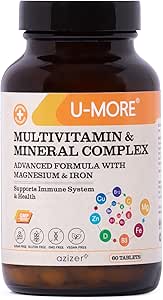 U-MORE Multivitamine & Mineraal Complex, Veganistisch, Suikervrij, Glutenvrij, Calcium, Magnesium, Vitamine A, B1, B2, B5, B6, B12, D3, K, C, IJzer, Zink, Ondersteunt Immune Systeem & algehele gezondheid - 60 tabletten