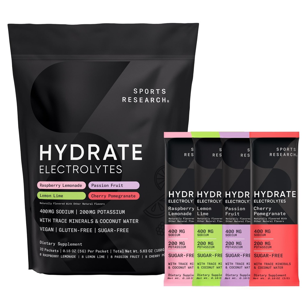 Sports Research® Hydrate Electrolytes Powder Packets - Sans sucre et naturellement aromatisé avec des vitamines, des minéraux et de l'eau de coco - Supports Hydratation - 32 Packets - Variété Pack